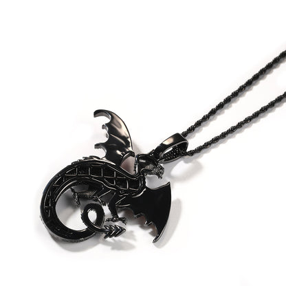 Black Dragon Pendant Necklace with Cubic Zirconia on Twisted Chain - Statement Fantasy Jewelry for Women