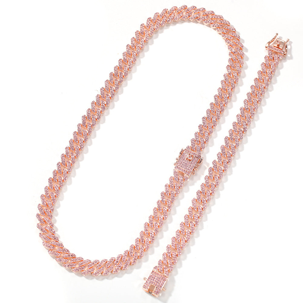 2026 Pink Iced Cuban Link Chain Set for Men – Alloy Electroplated Bracelet & Necklace Street Style Jewelry