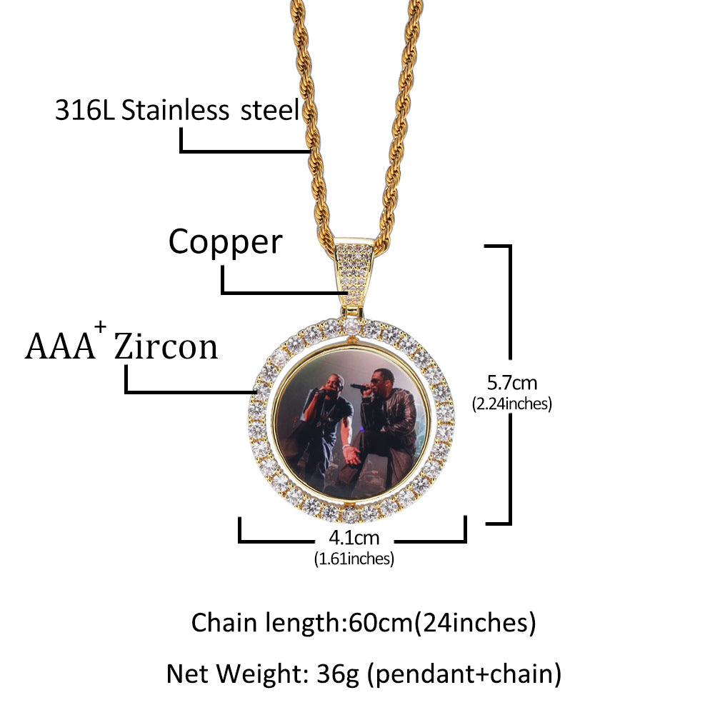 Custom Rotating Photo Pendant Necklace with Cubic Zirconia Circle Frame & 24 Inch Twist Chain