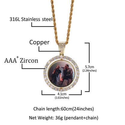 Custom Rotating Photo Pendant Necklace with Cubic Zirconia Circle Frame & 24 Inch Twist Chain