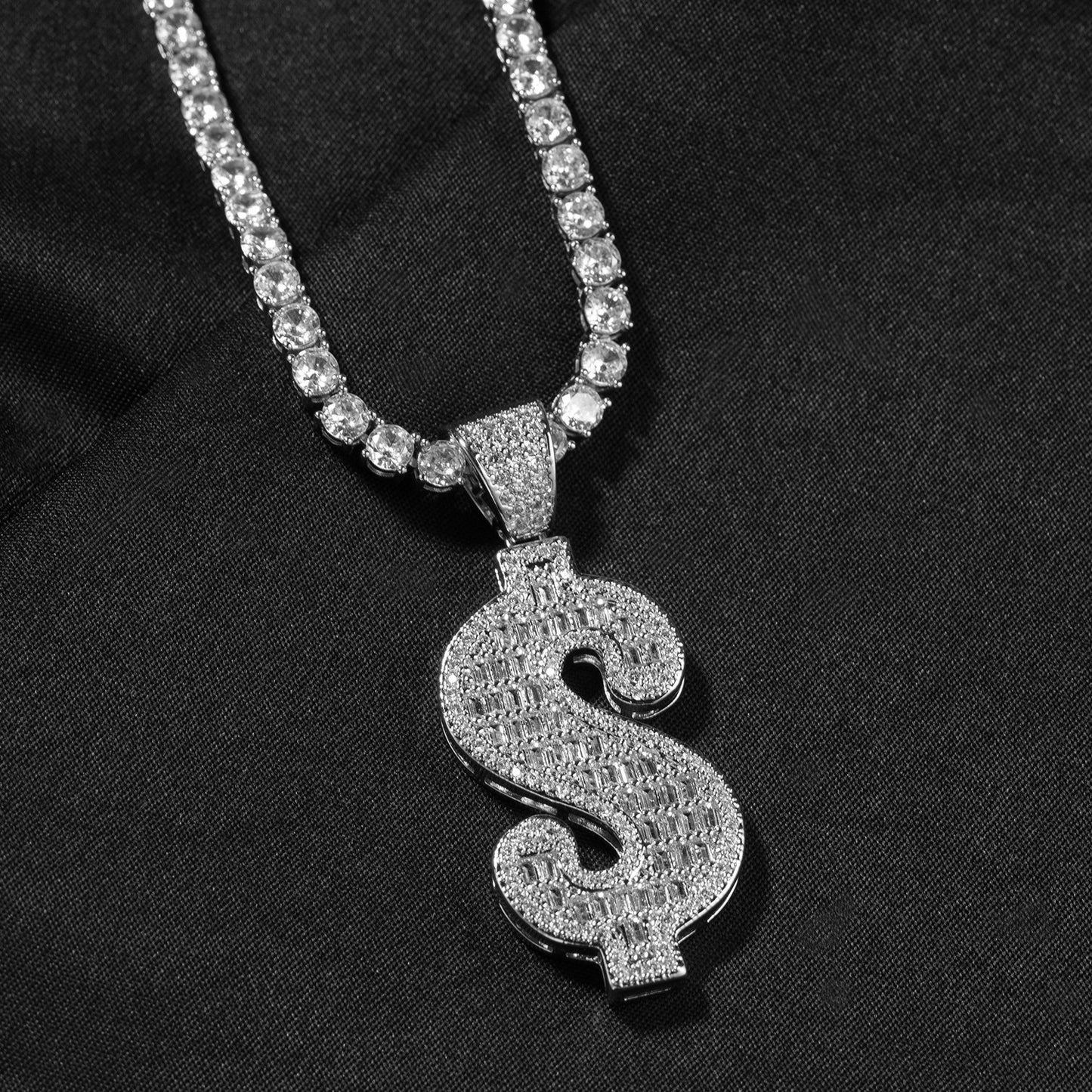Iced Dollar Sign Pendant Necklace for Men and Women – Gold or Silver Color Cuban Twist Chain with Cubic Zirconia Statement Charm