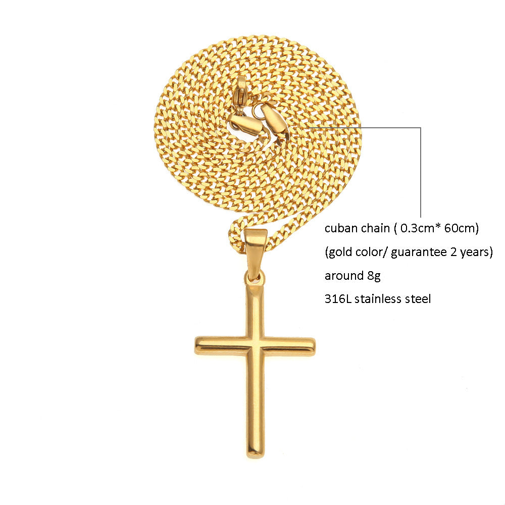 Gold Plated Stainless Steel Cross Pendant Necklace with 24 Inch Cuban Chain