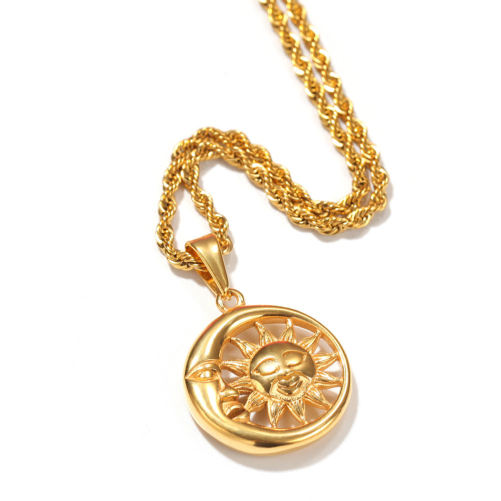 Golden Sun Moon Pendant Necklace for Women - Stainless Steel Celestial Charm Chain Necklace, Vintage Statement Jewelry Gift 2026