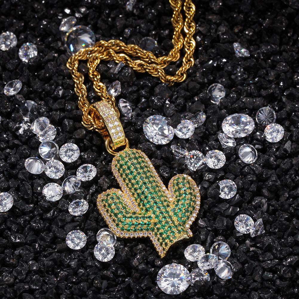 Iced Cactus Pendant Necklace for Women & Men - Cubic Zirconia Statement Chain in Gold or Silver Tone