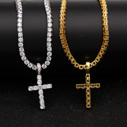 Iced Out Cross Pendant Necklace for Men - Cubic Zirconia Copper Pendant with Gold or Silver Tone Chain