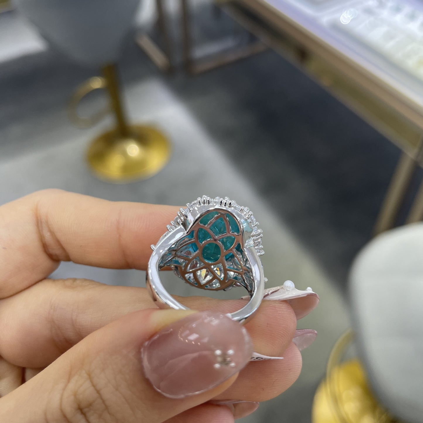 Lake Blue Oval Halo Ring for Women, 12-16mm Center Stone, S925 Silver Gold-Plated Ring product image