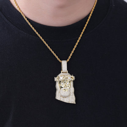 Jeweled Cartoon Face Pendant Necklace, 3MM Twisted Rope Chain, Gold Tone / Silver Tone