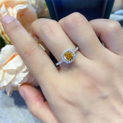 Yellow Moissanite Halo Ring for Women, Cushion Shape Engagement Ring, Solitaire Style Promise Ring, 0.5 to 5 Carat Options