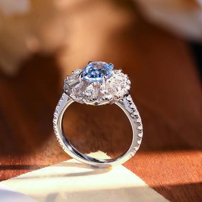 Oval Blue Halo Ring for Women, 925 Silver Floral Promise Ring