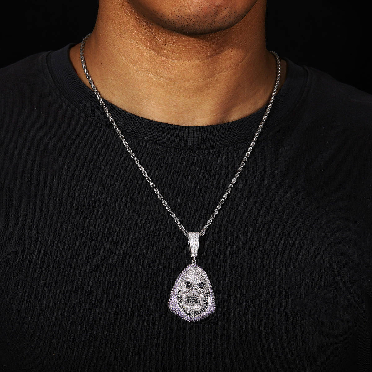 Iced Out Skull Pendant Necklace for Men - Hip Hop Copper Jewelry with Cubic Zirconia Rope Chain product image