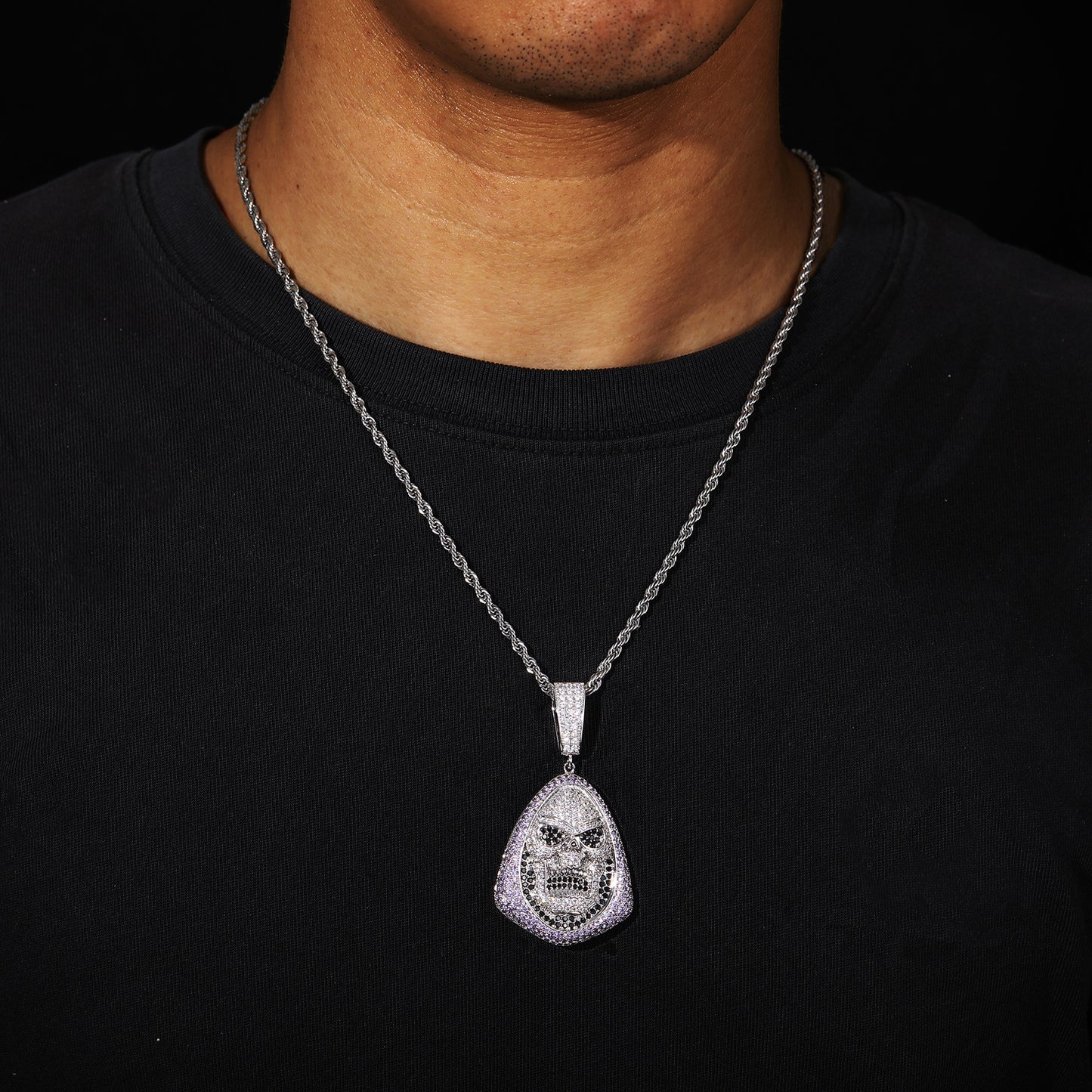 Iced Out Skull Pendant Necklace for Men - Hip Hop Copper Jewelry with Cubic Zirconia Rope Chain product image
