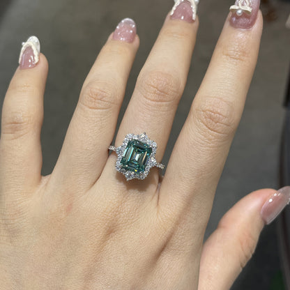 Green Moissanite Halo Ring, 8x10mm 4 Carat Emerald Cut, S925 Gold-Plated Ring for Women