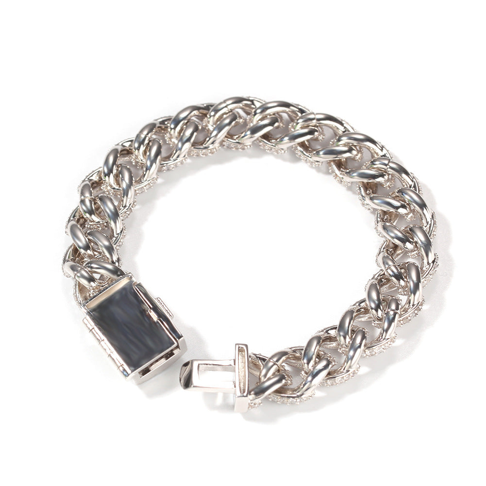 Men’s Iced Out Cuban Link Bracelet with Cubic Zirconia, Gold Plated or Silver Plated Copper Chain Bracelet, 12mm Statement Jewelry