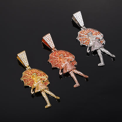 Iced Out Cartoon Girl Umbrella Pendant Necklace for Men and Women - Copper Cubic Zirconia Hip Hop Rope Chain