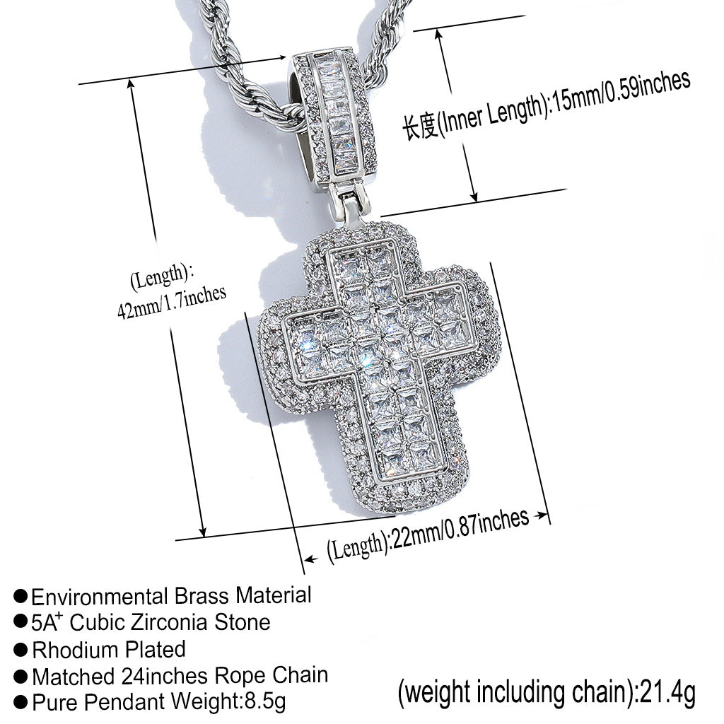 Hip Hop Light Luxury Cross Cubic Zirconia Pendant Necklace for Men and Women