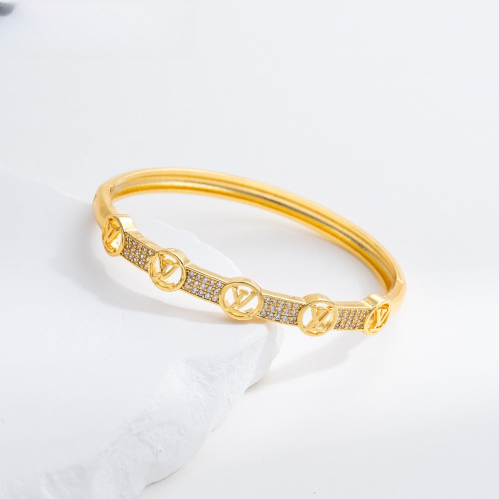 Elegant Gold Plated Letter Bangle Bracelet for Women with Crystal Accents