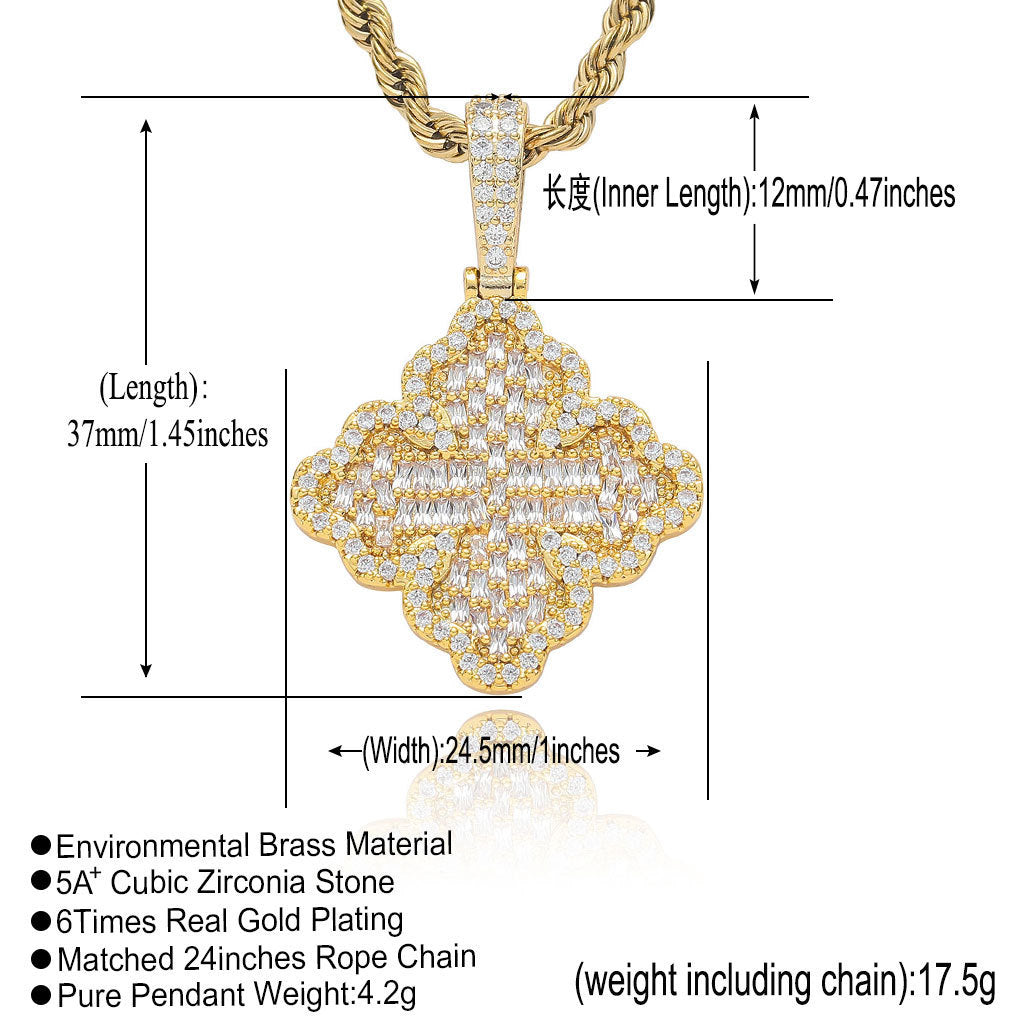 Hip Hop Light Luxury Four Leaf Clover Cross Copper Necklace for Men and Women