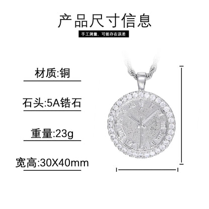 Iced Out Roman Numeral Clock Pendant Necklace in 925 Silver Tone with Cubic Zirconia