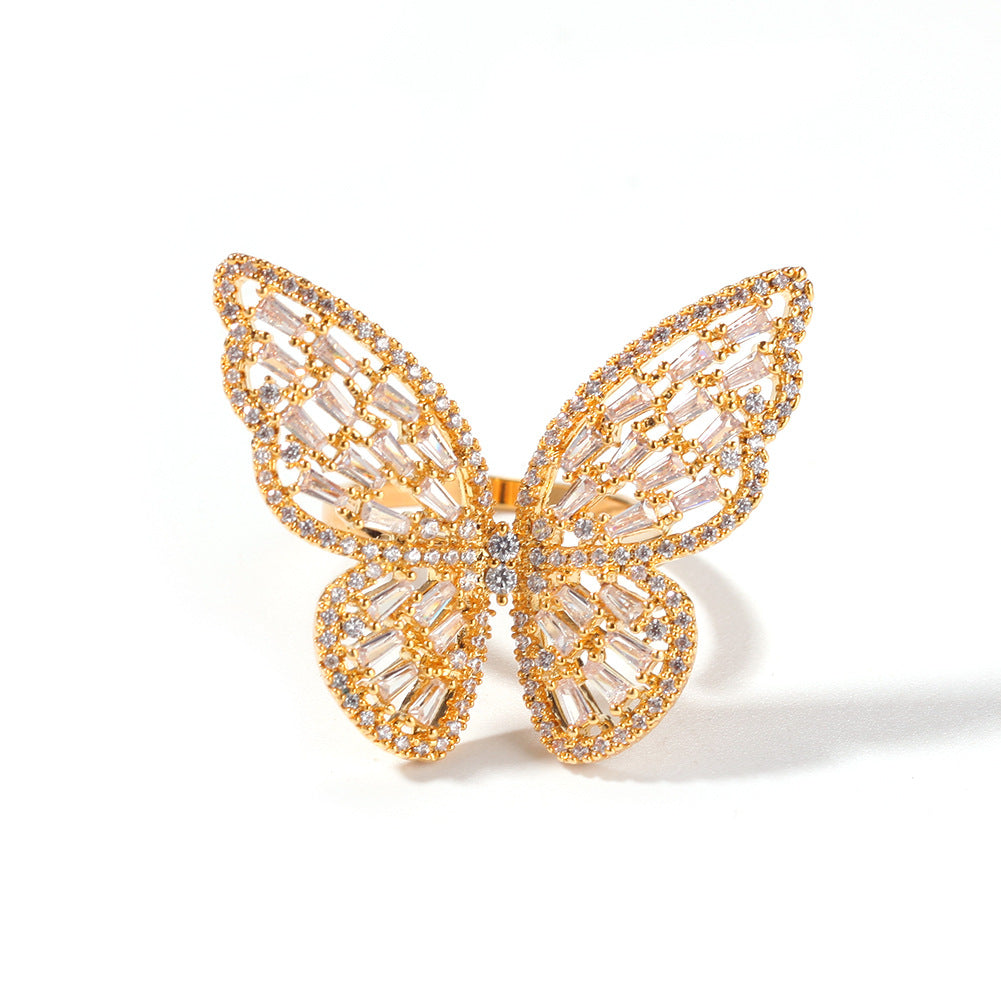 Adjustable Butterfly Ring with Pink Cubic Zirconia in Rose Gold Tone for Women and Men