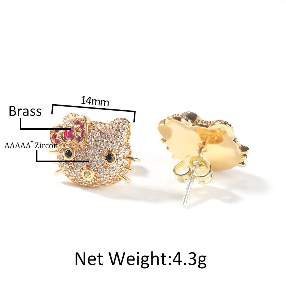 Cute Cartoon Cat Cubic Zirconia Stud Earrings for Women in Gold or Silver Tone