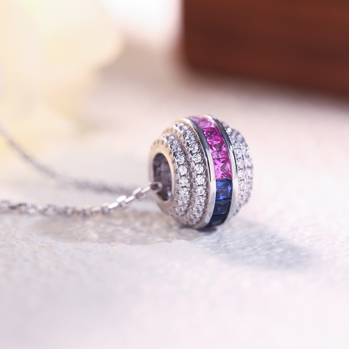 Lab-Grown Sapphire Circle Pendant Necklace, S925 Sterling Silver Rainbow Bezel Set Chain product image