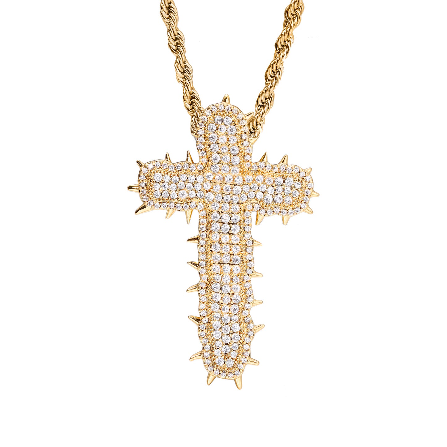 Iced Out Cross Pendant Necklace with Cubic Zirconia Rope Chain in Silvery or Gold Tone product image