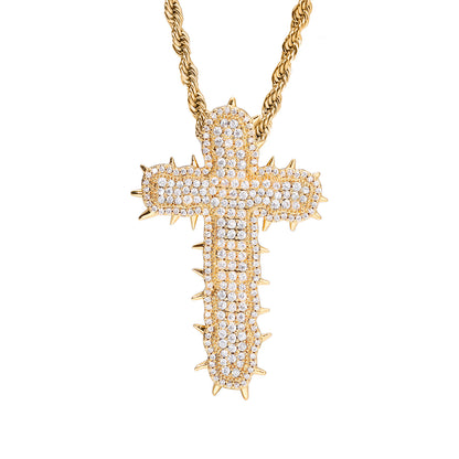Iced Out Cross Pendant Necklace with Cubic Zirconia Rope Chain in Silvery or Gold Tone