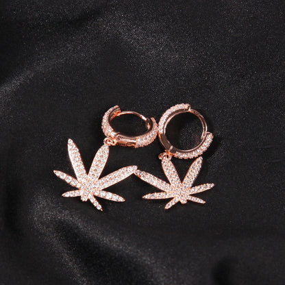 Leaf Drop Hoop Earrings with Cubic Zirconia for Women & Men - Gold, Silver, Rose Gold Statement Earrings