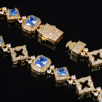 11 mm Blue CZ Geometric Halo Link Hip Hop Necklace or Bracelet with Copper Base - CHA425