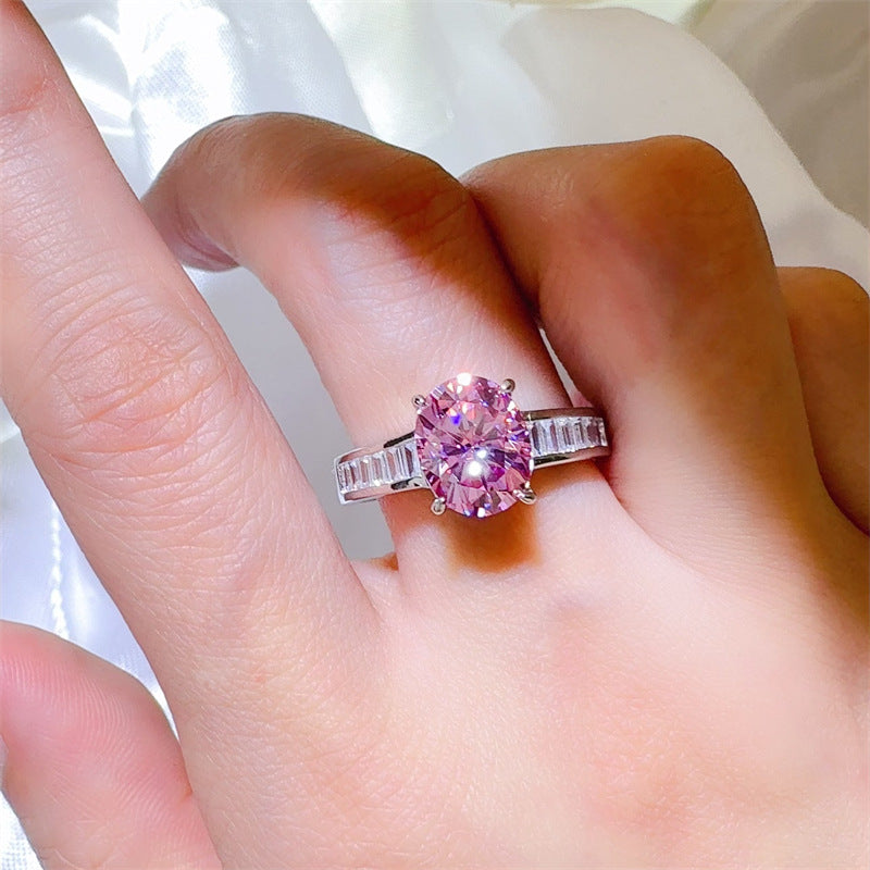 3 Carat Pink Moissanite Ring for Women, Oval Halo-Style Engagement Ring with Side Stone Band product image