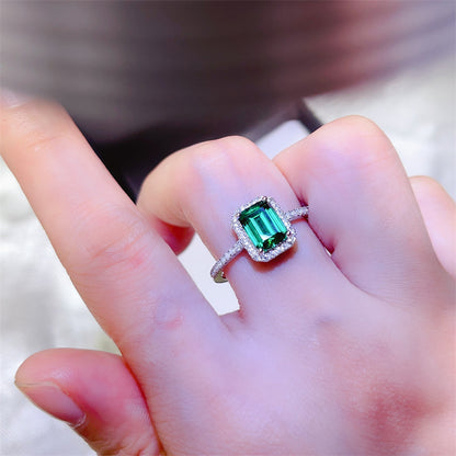 Emerald Green Halo Jewelry Set for Women, Rectangular Pendant, Stud Earrings and Ring, Minimal Everyday Gift Style