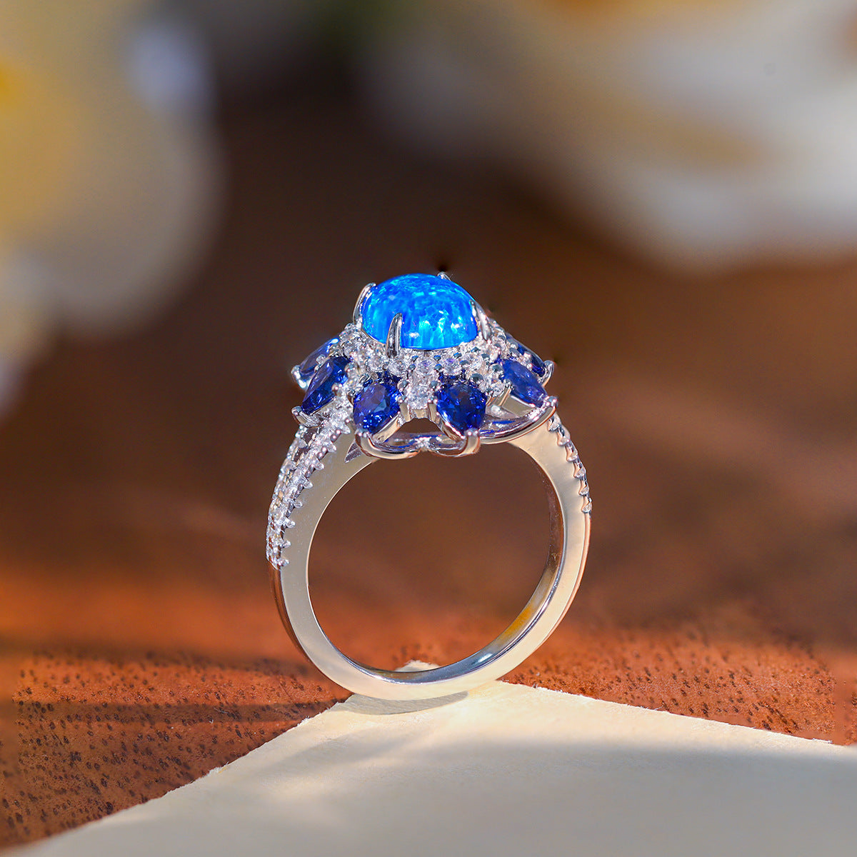 Blue Opal Halo Ring for Women, S925 Silver, 18K Gold Plated Sapphire Accent Ring product image