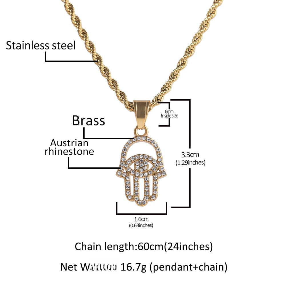 Gold Stainless Steel Irregular Hand Pendant Necklace with Diamond-Look Crystal Hip Hop Chain for Women
