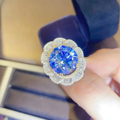 Blue Moissanite Halo Ring for Women, 5 Carat Floral Cluster Engagement Ring