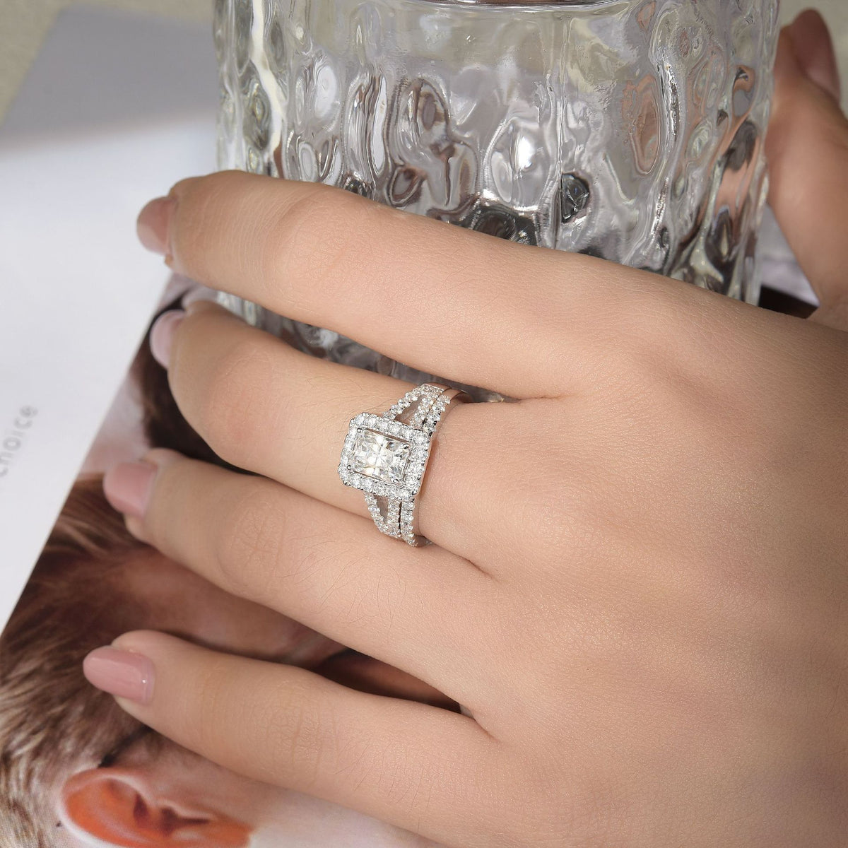 Radiant Cut Moissanite Halo Ring, 925 Sterling Silver 18K White Gold Plated Engagement Ring for Women product image