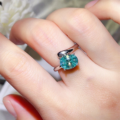 2 Carat Paraiba Green Moissanite Ring for Women in S925 Silver, U-Shape Solitaire Engagement Ring