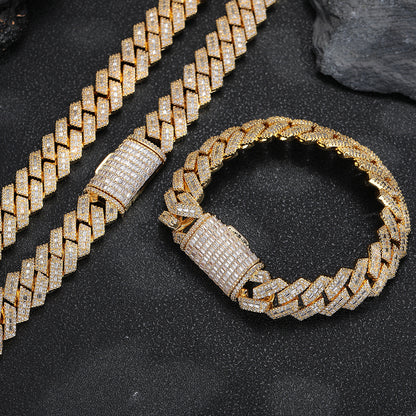 15mm Cuban Link Chain Bracelet and Necklace, Iced Out Geometric Hip Hop Jewelry, Unisex Streetwear Accessory