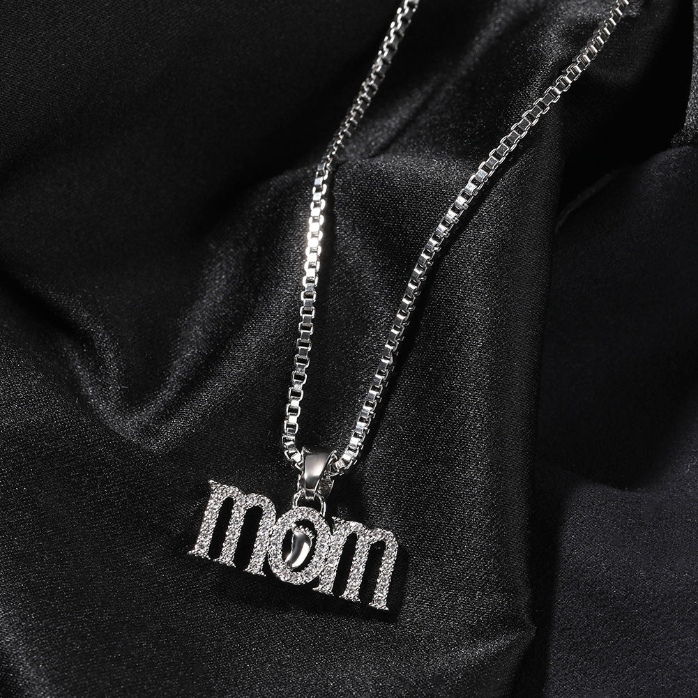 Personalized Mom Letter Pendant Necklace with Cubic Zirconia on 24 Inch Cuban Chain for Women
