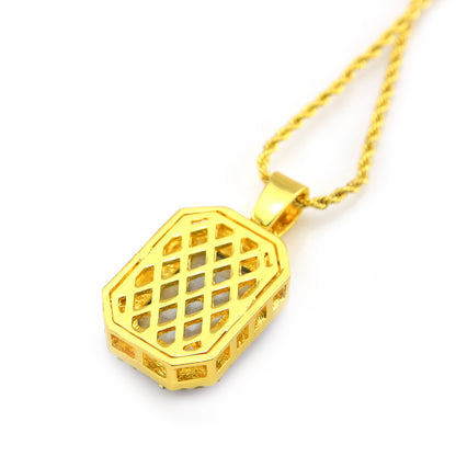 Men’s Iced Rectangular Pendant Necklace with Twisted Chain - Gold or Silver Tone Crystal Statement Necklace