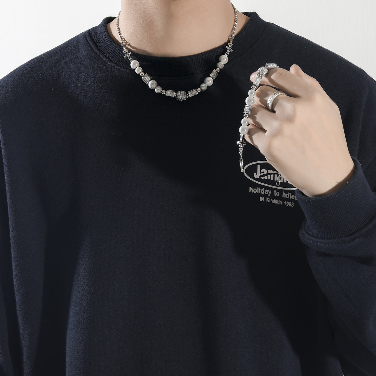 Hip Hop Vintage Cross Skull Pearl Bracelet for Men product image