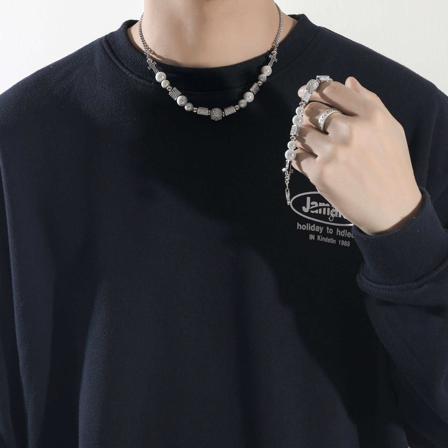 Hip Hop Vintage Cross Skull Pearl Bracelet for Men