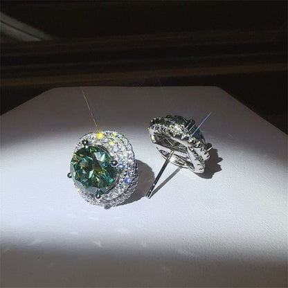 Green Moissanite Halo Stud Earrings for Women, Round Cut 6 Carat Total Ear Studs