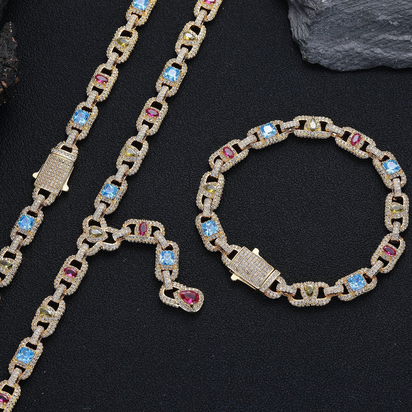 Multicolor Zircon Geometric Link Chain Pendant Necklace, Asymmetric Iced-Out Unisex Statement Jewelry