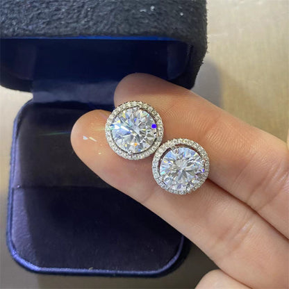 Round Cut Moissanite Stud Earrings with Halo, White Stone Earrings for Women