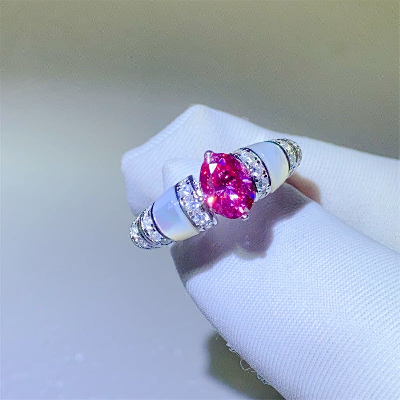 Pear Shape Moissanite Ring for Women with Pavé Accent Band, Pink or Mint Stone, Halo Style Promise Engagement Ring product image