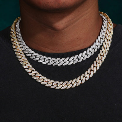 12mm Iced Out Double Row Cubic Zirconia Cuban Link Chain Necklace Bracelet Unisex Hip Hop Jewelry