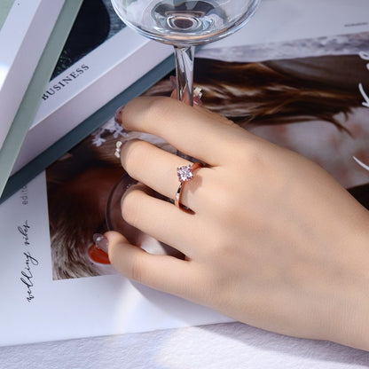Pink Moissanite Solitaire Ring, 6.5mm Round Stone, S925 Sterling Silver with 18K Rose Gold Plating