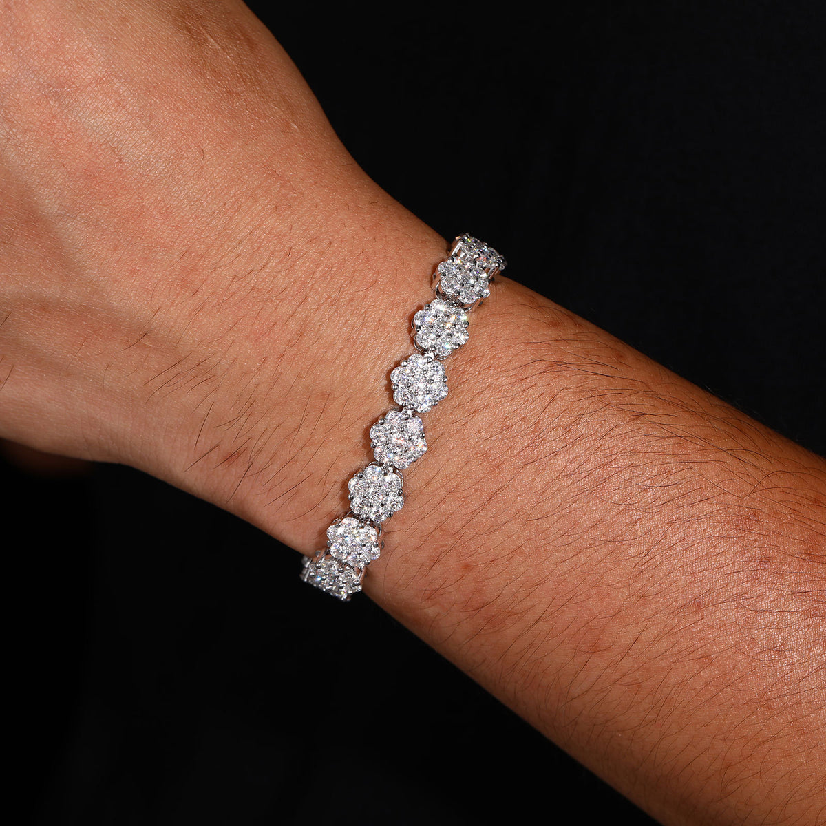 Unisex Silver Tone Moissanite Flower Cluster Tennis Bracelet, Iced Out Hip Hop Jewelry, 6 7 8 Inch product image