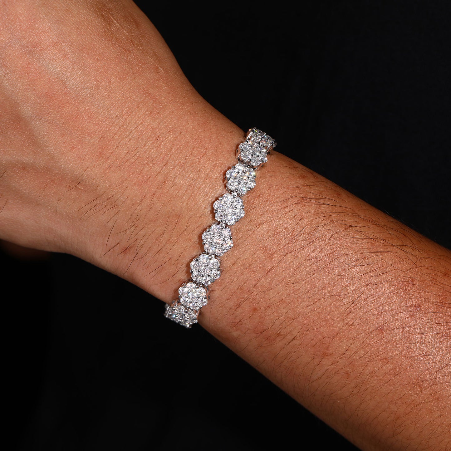 Unisex Silver Tone Moissanite Flower Cluster Tennis Bracelet, Iced Out Hip Hop Jewelry, 6 7 8 Inch product image
