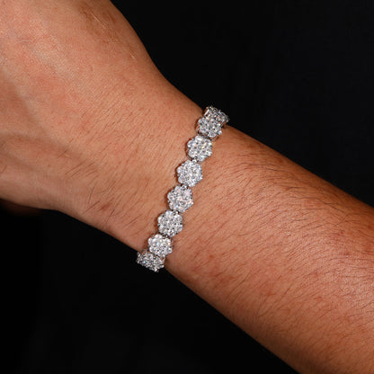 Unisex Silver Tone Moissanite Flower Cluster Tennis Bracelet, Iced Out Hip Hop Jewelry, 6 7 8 Inch
